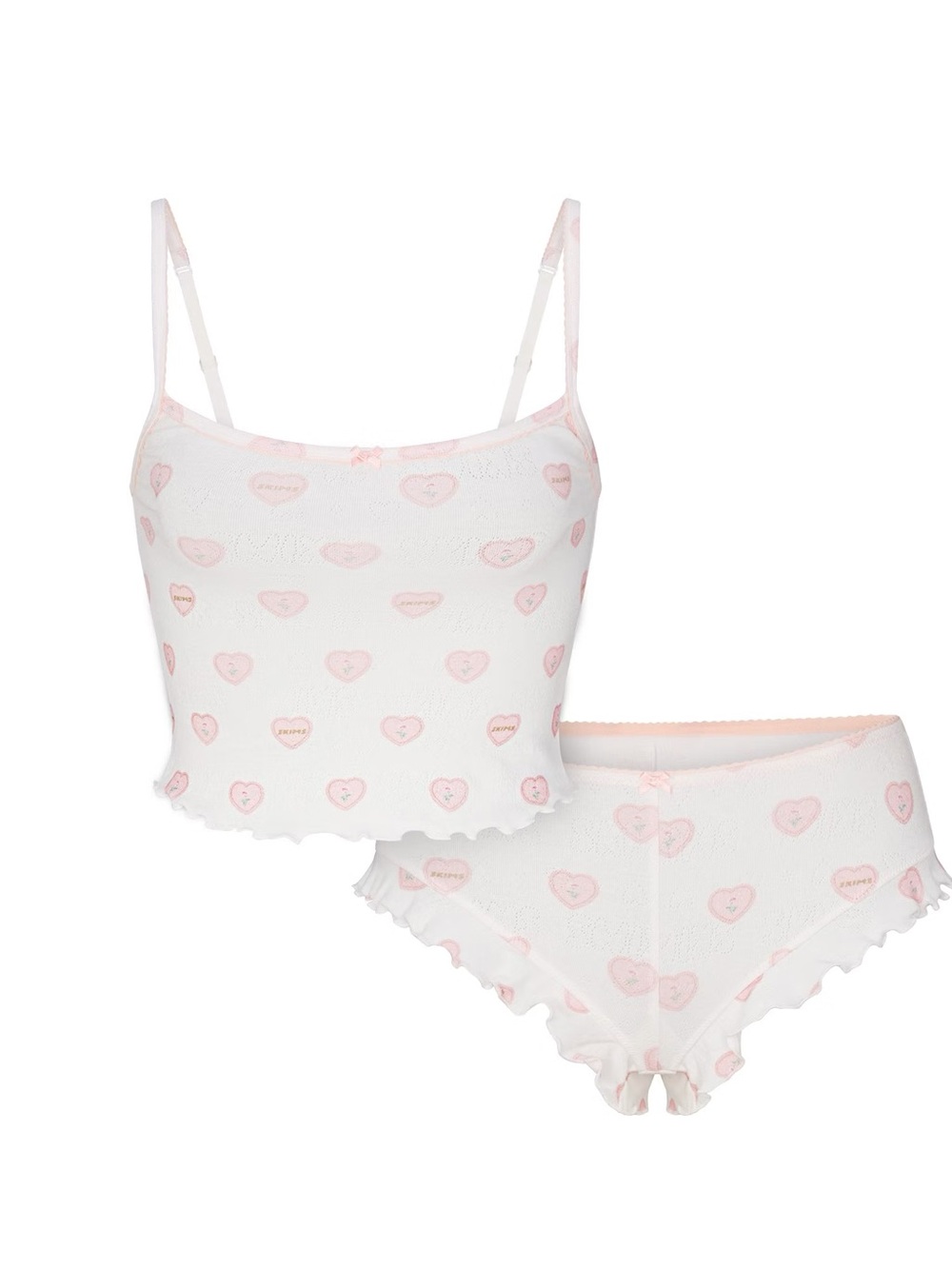 SKIMS Logo Pointelle Camisole & Panty Short Set with Light Pink Heart Print Smal
